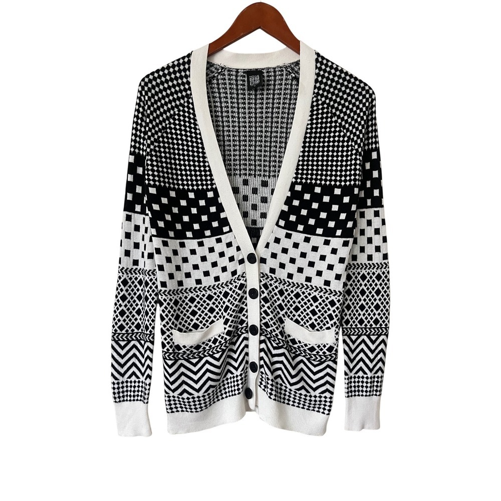 Nollie Womens Black White Geometric Mixed Print Button Up Cardigan Sweater M